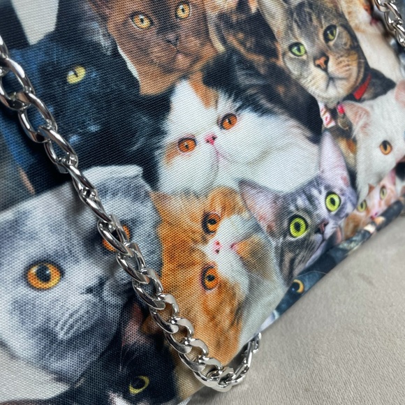 Cat Lady All Over Cat Face Collage Hand Bag With Chain - Picture 8 of 11